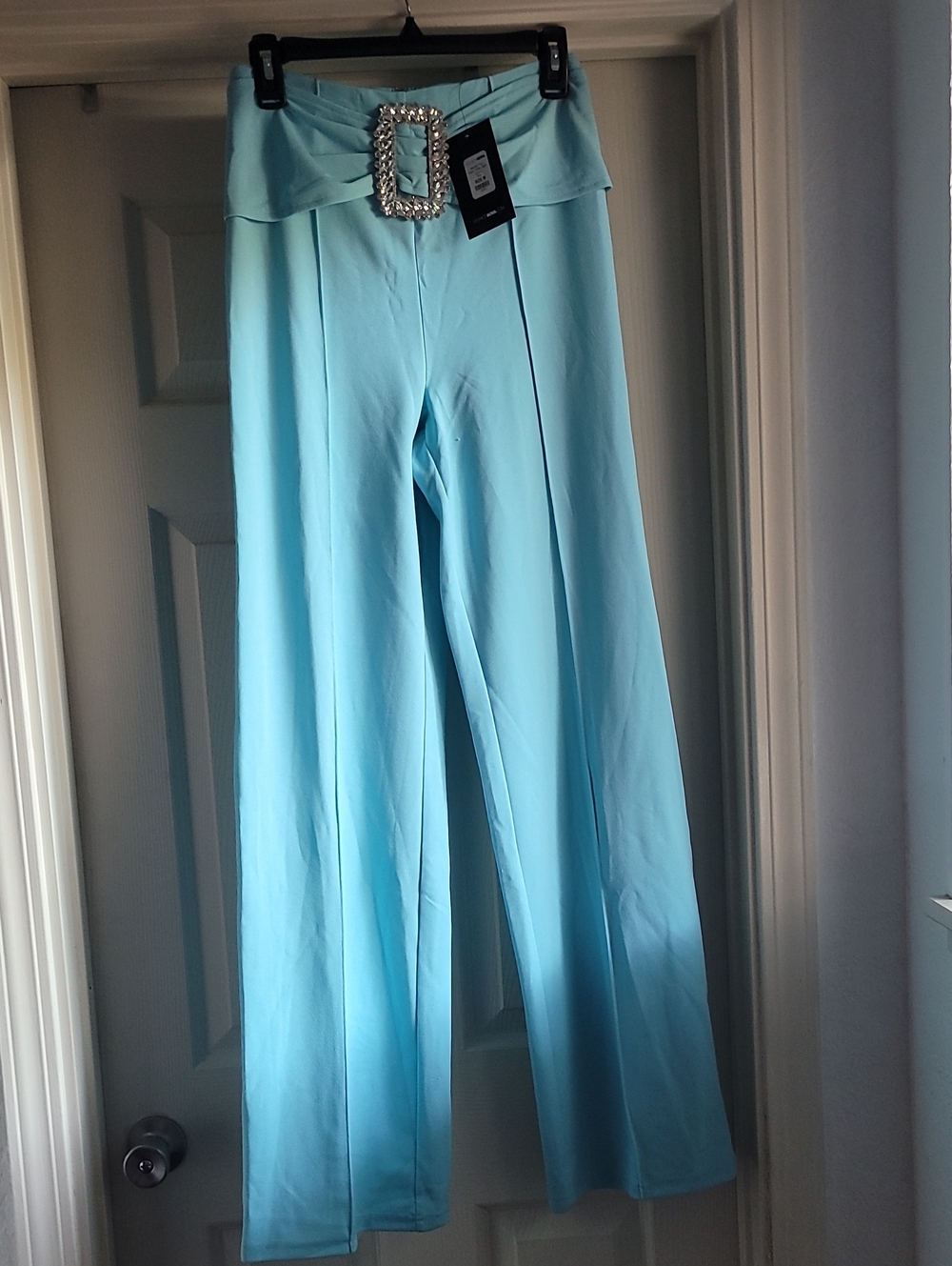 Fashion Nova Aqua Wide-Leg High-Waist Pants with Rhinestone Buckle M NEW